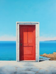 A painting showcasing a bright red door standing in front of the crashing ocean waves, blending architecture with nature.