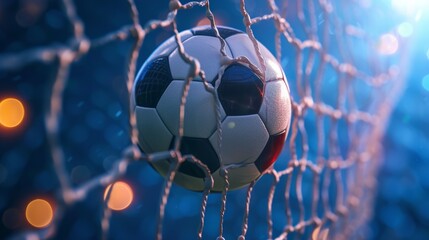 Soccer ball breaks the soccer net with copyspace for text