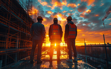 Three workers are silhouetted against the setting sun on construction site.