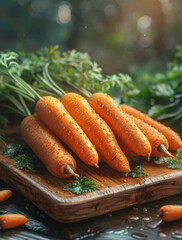 Fresh raw carrots with drops of water and parsley on wooden table - obrazy, fototapety, plakaty