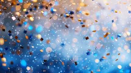 A playful display of femininity with a gold and blue background decorated with confetti-like dots. Glittering bokeh light and blurred white highlights