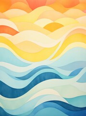 Fototapeta premium A painting featuring powerful waves crashing against the shore with a vibrant sun setting in the background, creating a dramatic scene of natures raw beauty.