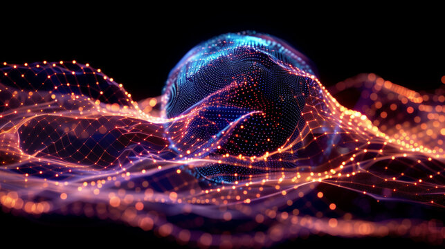 Looped distortion waves on abstract sphere of particles. Digital data splash of spherical point array. Futuristic glitch UI element.