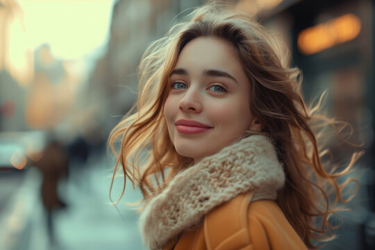 Portrait of a young, beautiful woman with a beaming smile walking down the street. Fashion, Positivity and confidence lifestyle, Generative AI
