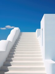 A set of white stairs ascending towards a bright blue sky, creating a striking contrast between the man-made structure and the natural backdrop.