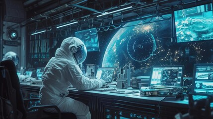A high-tech laboratory on a space station, futuristic technology, astronauts conducting experiments, a view of Earth from space. Resplendent. - obrazy, fototapety, plakaty