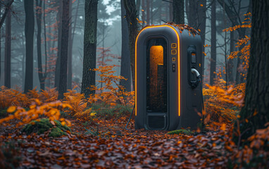 Black and orange portable toilet is standing in forest.