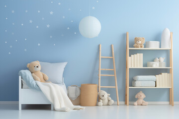 Nursery interior. Bed, toys, photo frame backdrop. Boys blue bedroom. Children's Playroom.