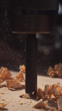 immerse yourself in the beauty of woodworking with this 4K vertical slow-motion clip, showcasing the precision of a drill as it creates holes in wood, surrounded by cascading wood dust and chips.