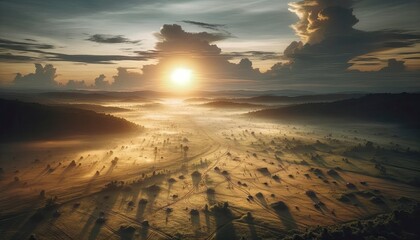 An aerial view of a serene landscape where traces of a recent battle are evident, but no active fighting is occurring. The setting sun illuminates the remnants of the battle. AI Generated - obrazy, fototapety, plakaty
