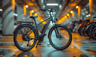 Fototapeta na wymiar Electric bicycle parked in garage or underground parking lot