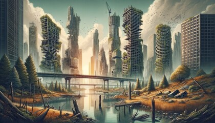 Illustration of a post-apocalyptic city, where tall skyscrapers now lay crumbled, bridges are broken, and nature is slowly reclaiming the land. AI Generated