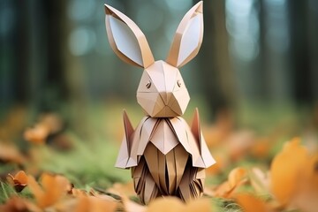 An Easter bunny cut out of colored paper. Easter celebration concept with copyspace	
 - obrazy, fototapety, plakaty