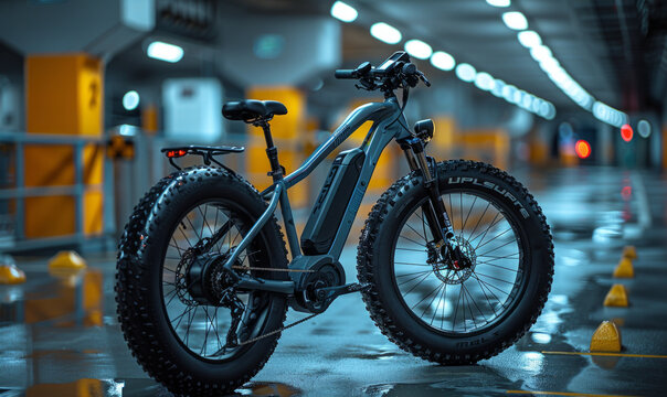 Electric mountain bike standing in the garage with yellow cones
