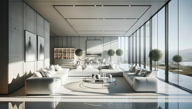A modern living room interior design with sleek white sofas, a glass coffee table, large floor-to-ceiling windows allowing natural light in, and minimalist wall art pieces. AI Generated