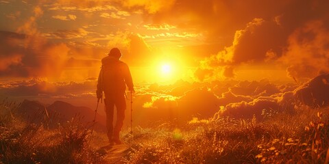 A lone figure treks through the rugged mountain landscape, illuminated by the fiery hues of a blazing sunset, their poles cutting through the heat of the backlit clouds above