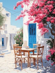 A painting depicting a wooden table and chairs placed in front of a vibrant blue door, creating a simple and inviting scene.