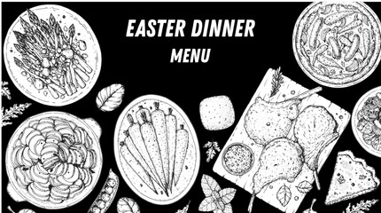 Easter food hand drawn sketch. Vector illustration. Festive table with Easter food. Engraved illustration. Menu set.