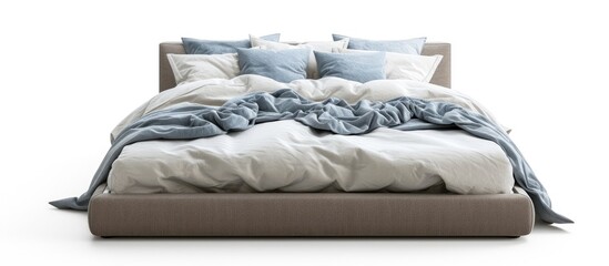 A comfortable bed with a soft blanket and fluffy pillows neatly placed on top, against a white background.