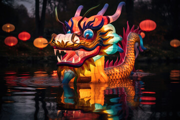 Chinese colorful dragon lantern is floating in the water lake, asian festival © Anna
