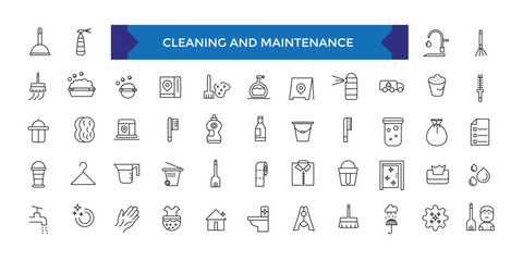Fototapeta na wymiar Set of Cleaning and Maintenance outline icons related to housework, housekeeping. Linear icon collection.