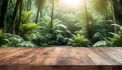 Photo 3d wooden table with a tropical forest or garden background for product placement - obrazy, fototapety, plakaty