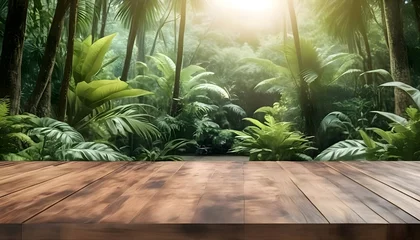 Foto op Canvas Photo 3d wooden table with a tropical forest or garden background for product placement © Zulfi_Art