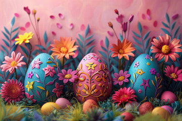 Vibrant Nowruz eggs background, celebrating the Persian New Year with a burst of colorful traditions - obrazy, fototapety, plakaty