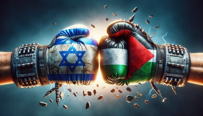 Two armored gloves, one adorned with the flag of Israel and the other with the Palestine flag, clashing in a powerful punch, highlighting the struggles between the two entities. AI Generated