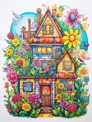 A detailed drawing of a house standing amidst a colorful array of blooming flowers, creating a lively and vibrant scene.