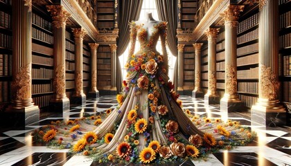 An elegant gown, beautifully draped and decorated with vibrant sunflowers and shimmering golden roses, complemented by a majestic library setting. AI Generated - obrazy, fototapety, plakaty