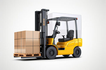 generated illustration of  forklift truck is lifting a pallet with cardboard boxes
