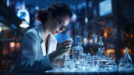 female scientist in white lab coat in a laboratory at night