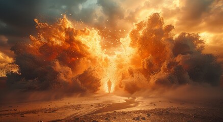 As the fiery explosion illuminated the sky, a lone figure walked along the serene beach, surrounded by billowing smoke and the scorching heat of the sun - obrazy, fototapety, plakaty