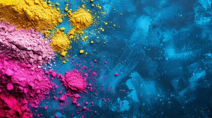 Colored scattering of multi-colored powder on a dark background. Holi celebration concept in India with copyspace	
