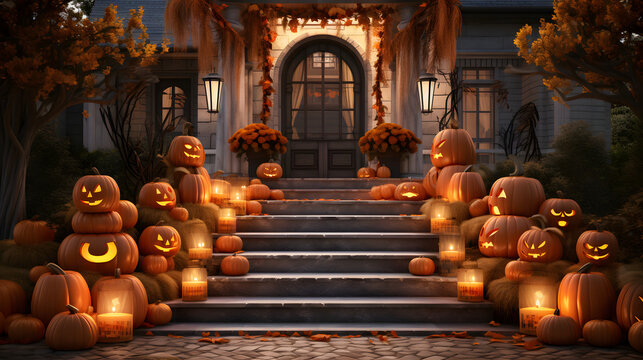 halloween front yard scene with jack o lanterns and pumpkin decorations