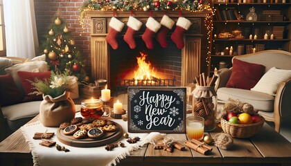 A cozy indoor setting with a fireplace, stockings, decorations, a handcrafted sign reading Happy New Year, and festive treats on a table. AI Generated