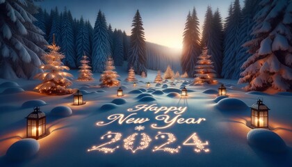 A serene snowy landscape at twilight with tall pine trees, lantern-lit surroundings, and the words Happy New Year 2024 carved in the snow. AI Generated