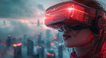 A woman gazes into a virtual world, her face obscured by a red helmet, as she stands in the outdoor...