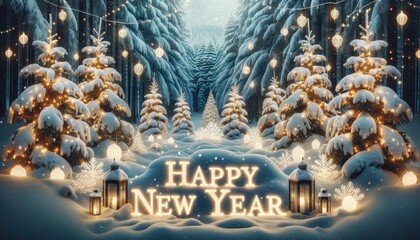 A snowy winter scene with tall pine trees and the words Happy New Year illuminated in the snow, surrounded by twinkling fairy lights and lanterns. AI Generated