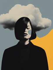 Fototapeta premium A woman stands with a cloud hovering above her head, portraying a sense of gloom or sadness in a symbolic manner.