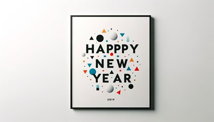 A minimalist white poster with Happy New Year in modern black font, surrounded by abstract colorful geometric shapes representing confetti. AI Generated