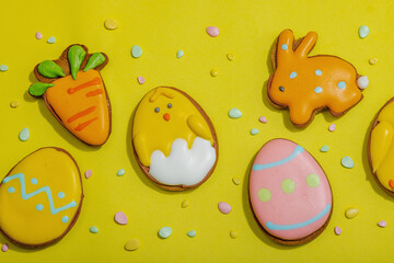 Traditional Happy Easter cookies, festive edible decor. Homemade baking concept, cute sweets