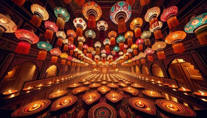 An intricately decorated room illuminated by traditional 'kandils' and diyas, casting a soft, multicolored glow and highlighting ornate patterns. AI Generative.