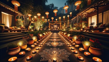 An outdoor garden setting during Diwali night, where rows of diyas light up pathways. AI Generative.