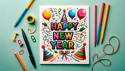 A Happy New Year playful card in bright colors with illustrations of balloons, party hats, and streamers. AI Generated