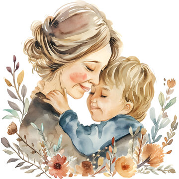 Mother's Day, Watercolor Illustration of a Mother holding her baby in her arms, Mother and Baby, Happy  Mother and Baby