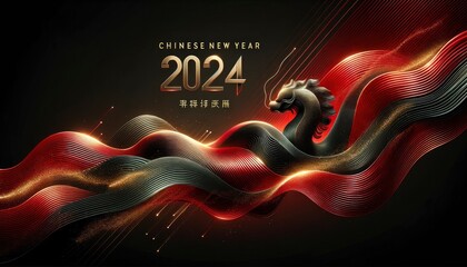 A modern and sleek background with abstract waves in varying shades of red and the phrase Chinese New Year 2024 in a contemporary metallic font. AI Generated