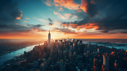 sunrise over city of manhattan in new york
