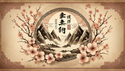 A vintage-inspired background mimicking aged parchment with delicate ink paintings, cherry blossoms, and the words Chinese New Year 2024 in traditional brushstroke font. AI Generated